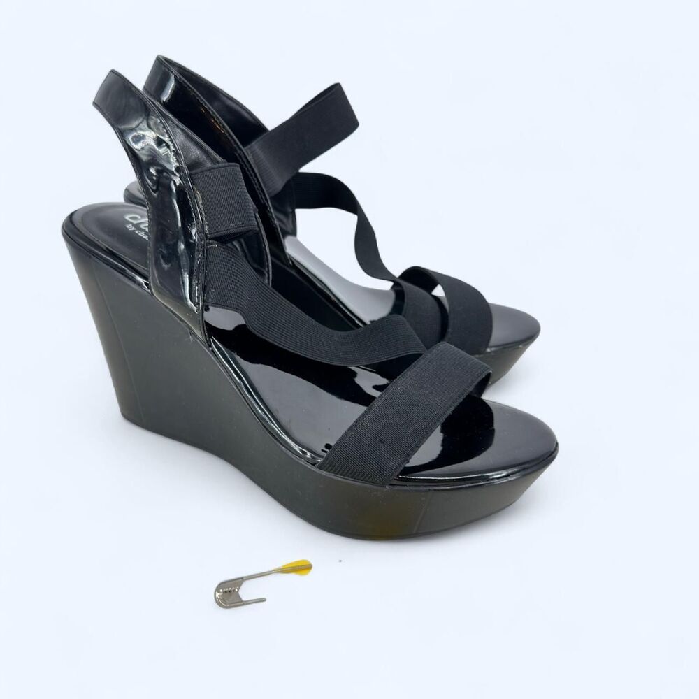 Charles David Black Patent Leather Elastic Strap Platform Sandals NWOT Size 7